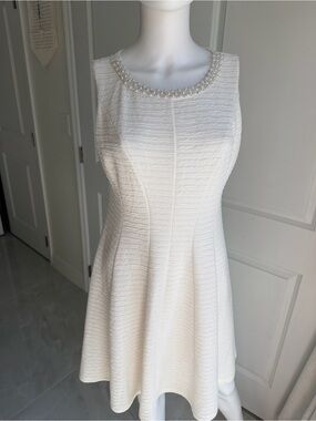 Studio One Pearl and rhinestone Trim Textured White Sleeveless Dress